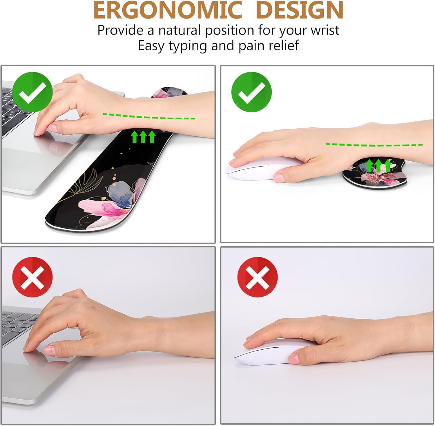 DINKY Desk Mat Black Flower, Large Gaming Mouse Pad with Wrist Rest, 4in1 XXL Mousepad+Keyboard Wrist Rest+Mouse Pad Wrist Support+Coaster Cushion Set for Home Office