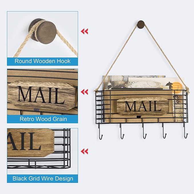 SRIWATANA Mail Holder, Rustic Mail Organizer Wall Mount Hanging Mail Sorter - Image 6
