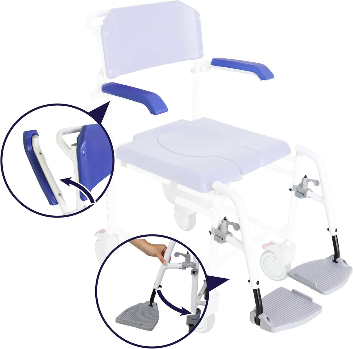 KMINA Rolling Shower Chair with Wheels and Brakes, Commode Toilet, Blue
