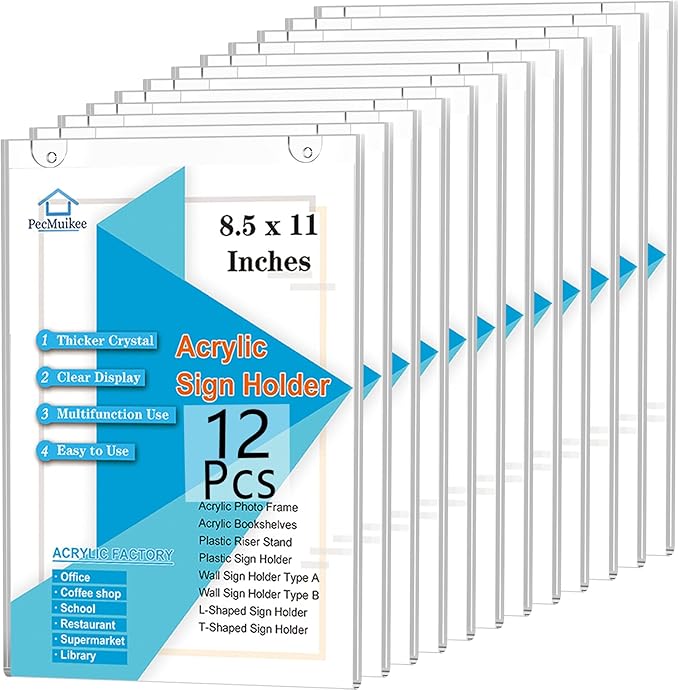 PecMuikee Acrylic Sign Holder 8.5x11, Wall Mount Acrylic Sign Holder and by PecMuikee