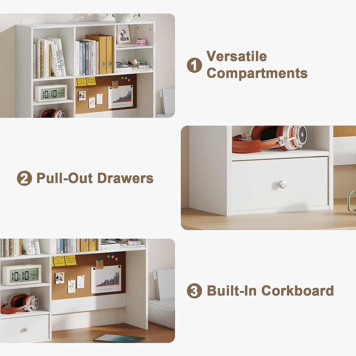 Desk Hutch Dorm with Cork Board, Shelves and Drawer