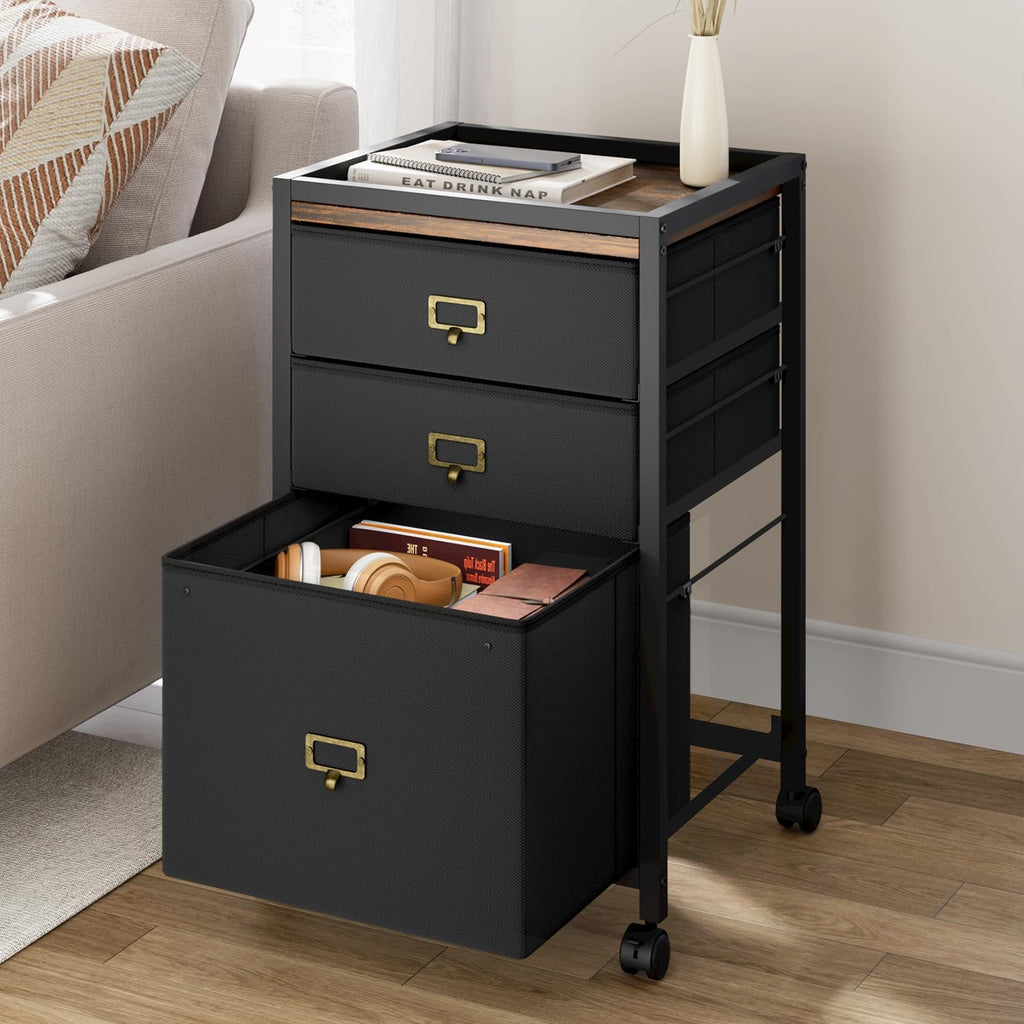 GAOMON File Cabinet, Filing Cabinet with 3 Drawer, Mobile File Cabinet Fits Letter Size or A4, Fabric Vertical File Cabinet on Wheels, Home Office Small Under Desk Storage Cabinet, Black