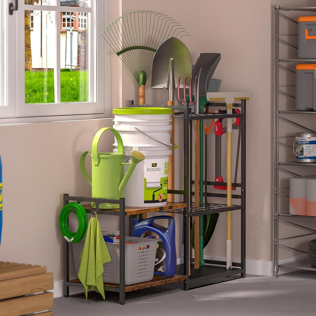 daoutime garage tool organizer with 2-tier wooden shelves showing dimensions