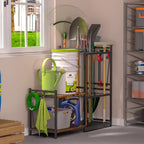daoutime garage tool organizer with 2-tier wooden shelves showing dimensions