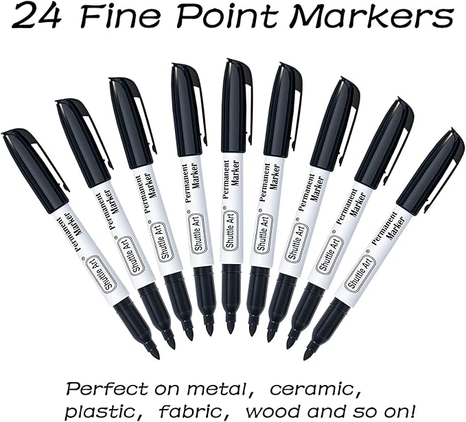 Shuttle Art 24 Black Permanent Markers Fine Tip Markers, Perfect on Plastic - Image 2