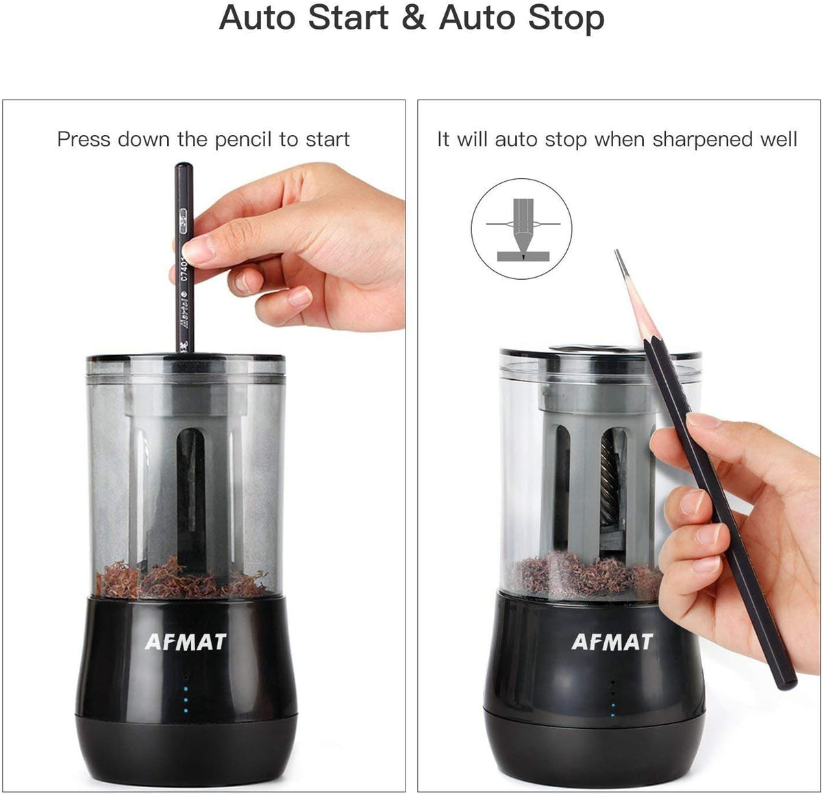 afmat ps-b06 rechargeable long point pencil sharpener for, side view