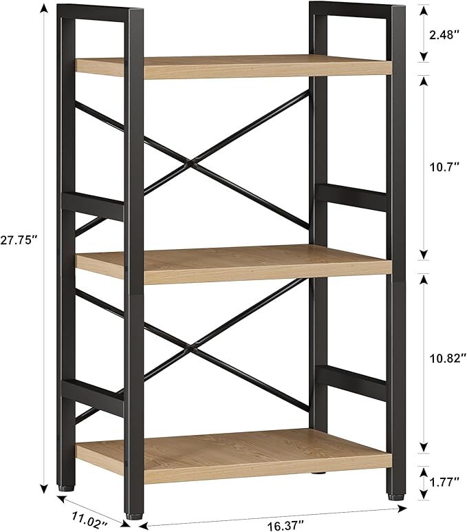 Homeiju Bookshelf, 3 Tier Industrial Bookcase, Metal Small Bookcase, Rustic - Image 3