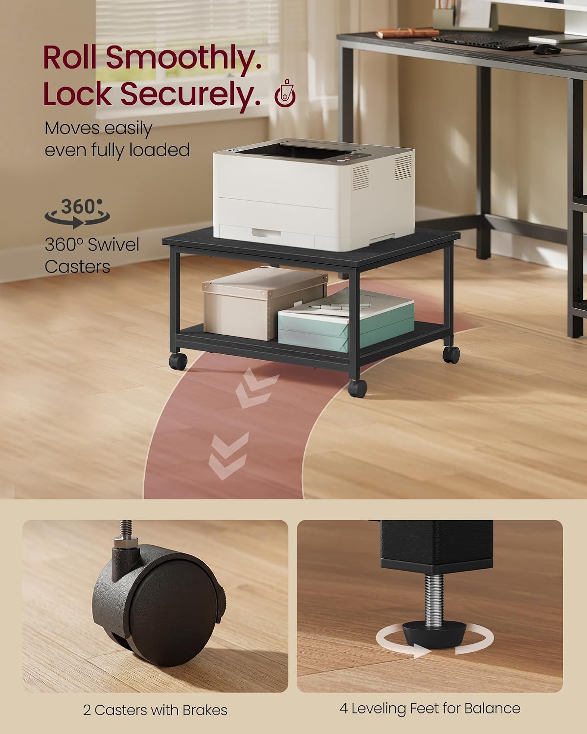 VASAGLE 2-Tier Printer Stand with Locking Wheels, Under Desk Printer Table