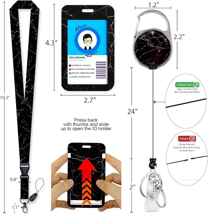 Black Marble Lanyards for Id Badges, Cute Badge Reel Heavy Duty - Image 4