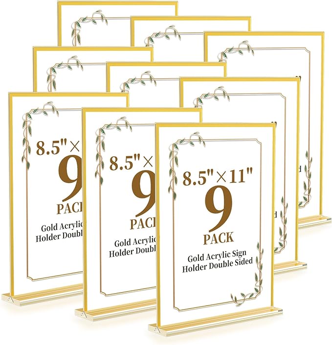 Acrylic Sign Holder 8.5 x 11, 9 Pack Clear Sign Holder Double Sided Gold Table by Unknown