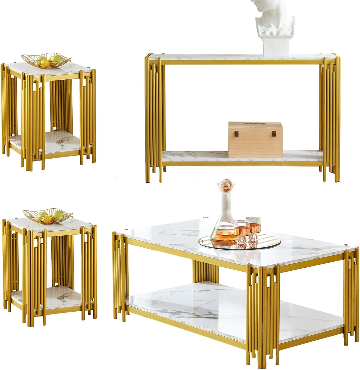 Elegant Faux Marble Coffee Table Set - Modern White Console & End Tables ...