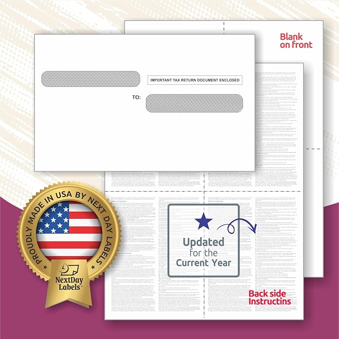 NextDayLabels - W-2 4-Up Employee Tax Forms, Instructions on Back" - Image 2