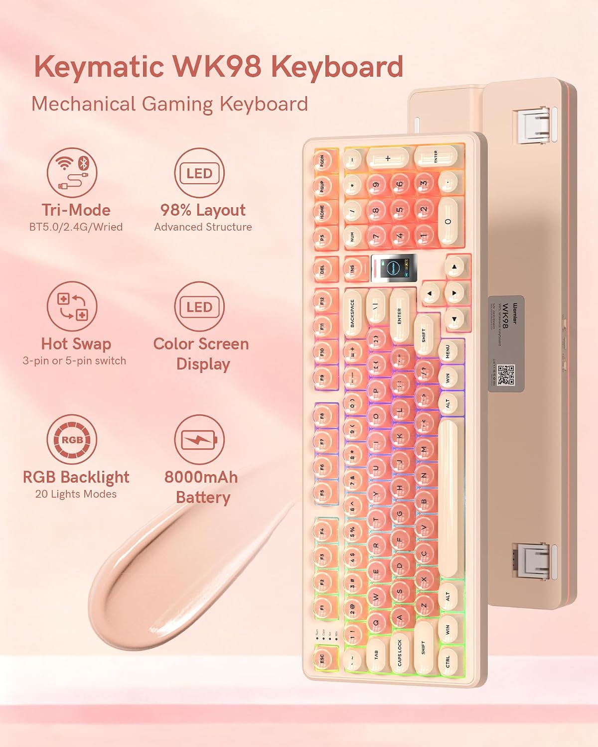 Keymatic WK98 Foundation Mechanical Keyboard, Pink Creamy Gaming Keyboard