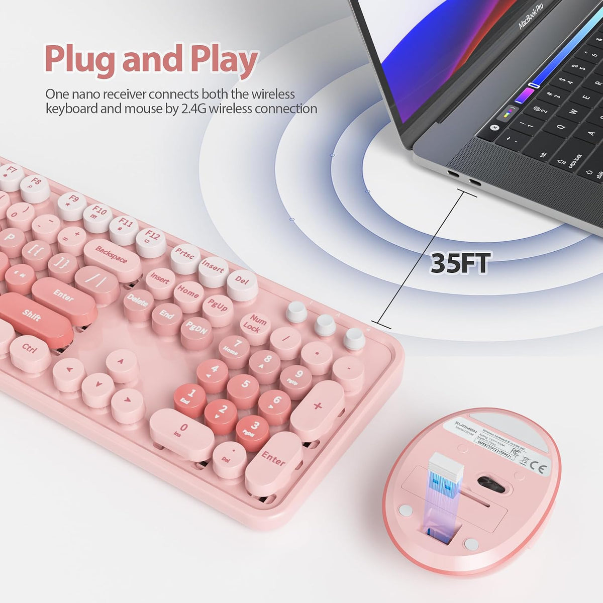 Fogruaden Pink Retro Typewriter Keyboard and Mouse Wireless, 2.4GHz Office Fu...