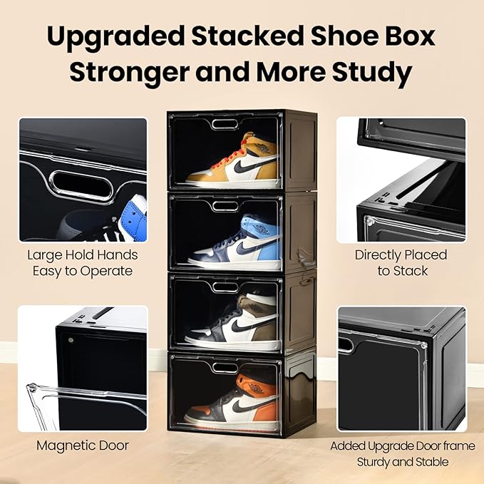 Amllas 8 Pack Shoe Boxes Black Plastic Stackable, Large Shoe Storage Organizer - Image 3