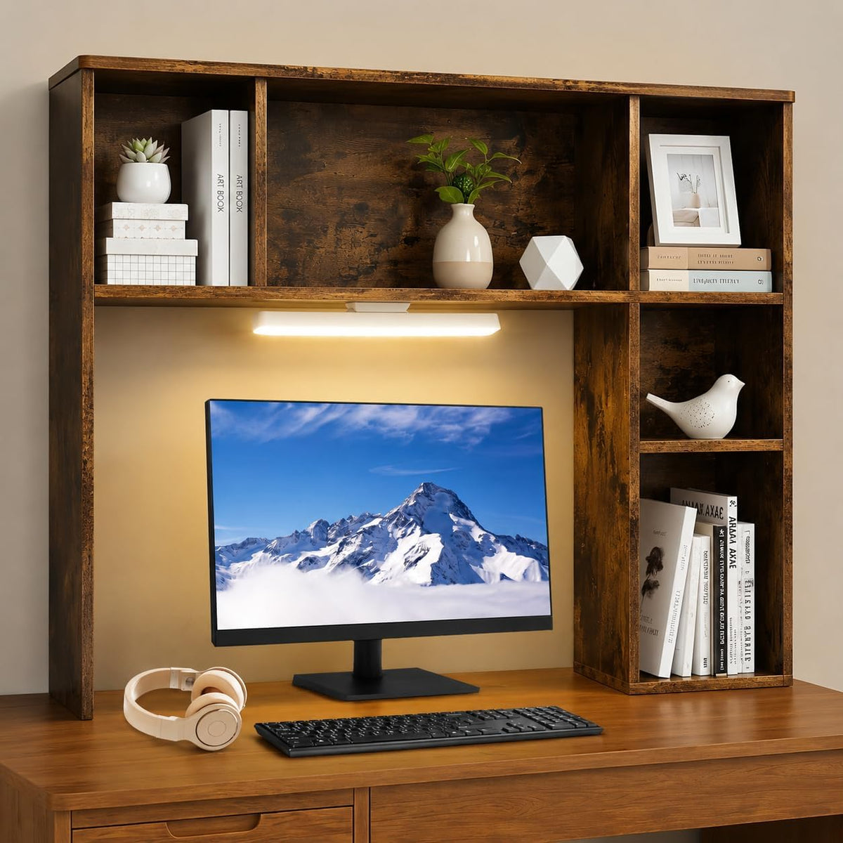 3 Tier Desktop Bookshelf with Rechargeable Eye-Friendly LED Desk Light, Desk ...