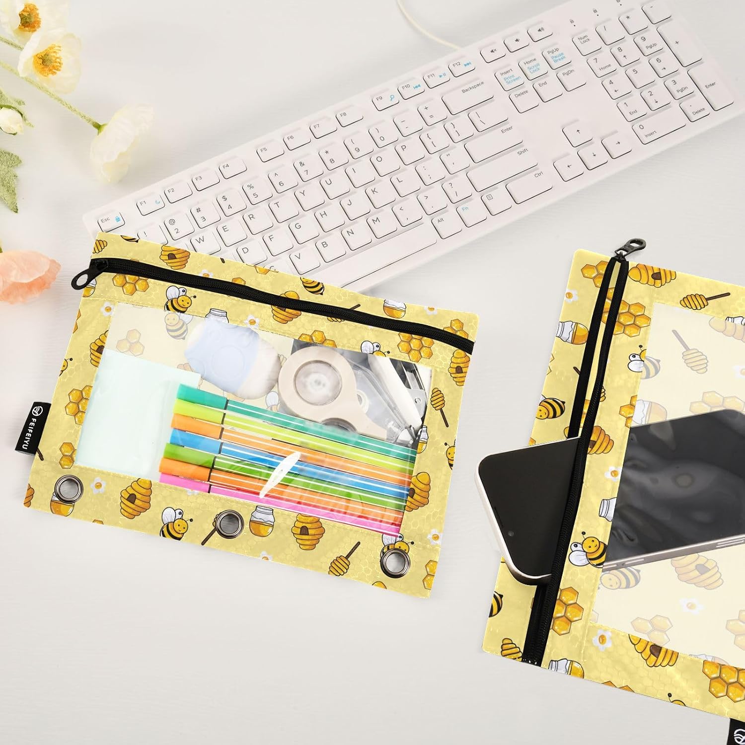 Bee Pencil Pouches for 3 Ring Binder 2 Pack 9.84 x 6.1 Inch | 3 Ring Binder Pencil Case With Zipper Reinforced GrommetsPencil Bags for Office Organizers