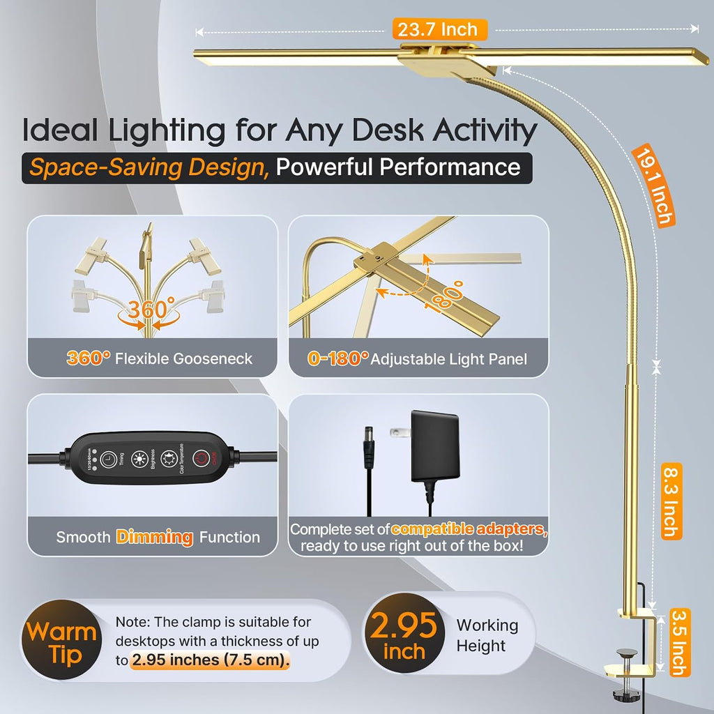 syrinx led desk lamp for office home, dual showing dimensions