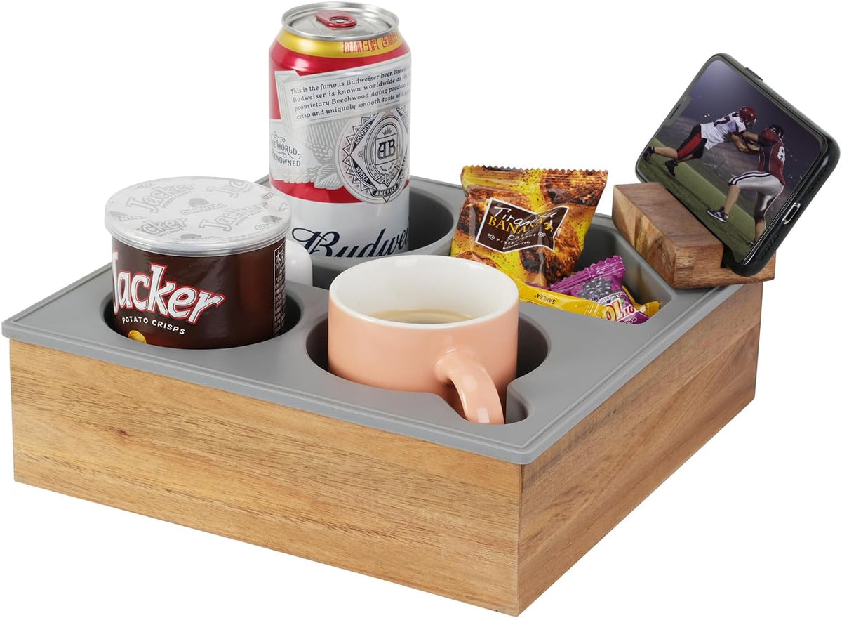 Couch Cup Holder Tray, Handy Soft Silicone Acacia Wooden Couch Caddy for Bed ...