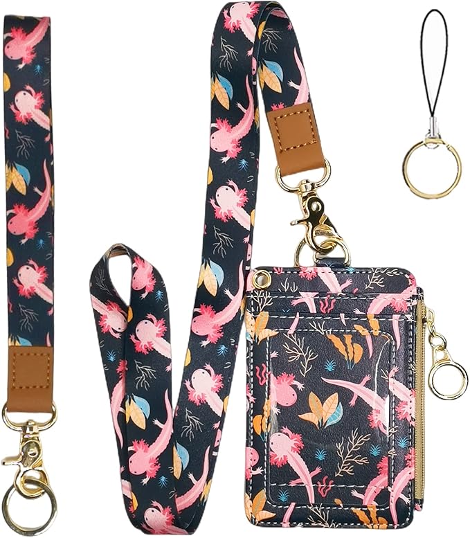 Cute Axolotl Badge Holder with Lanyard, Women's Lanyard Wallet, Id Badges Holder by BOLIMOSS