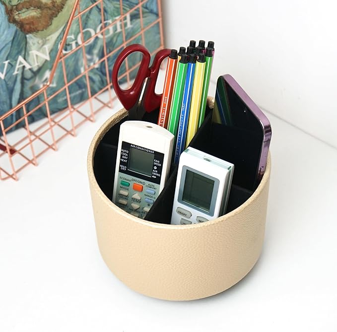 Hennaja Round Leather Art Supply Organizer, Remote Control Holder, 360 Degree - Image 6