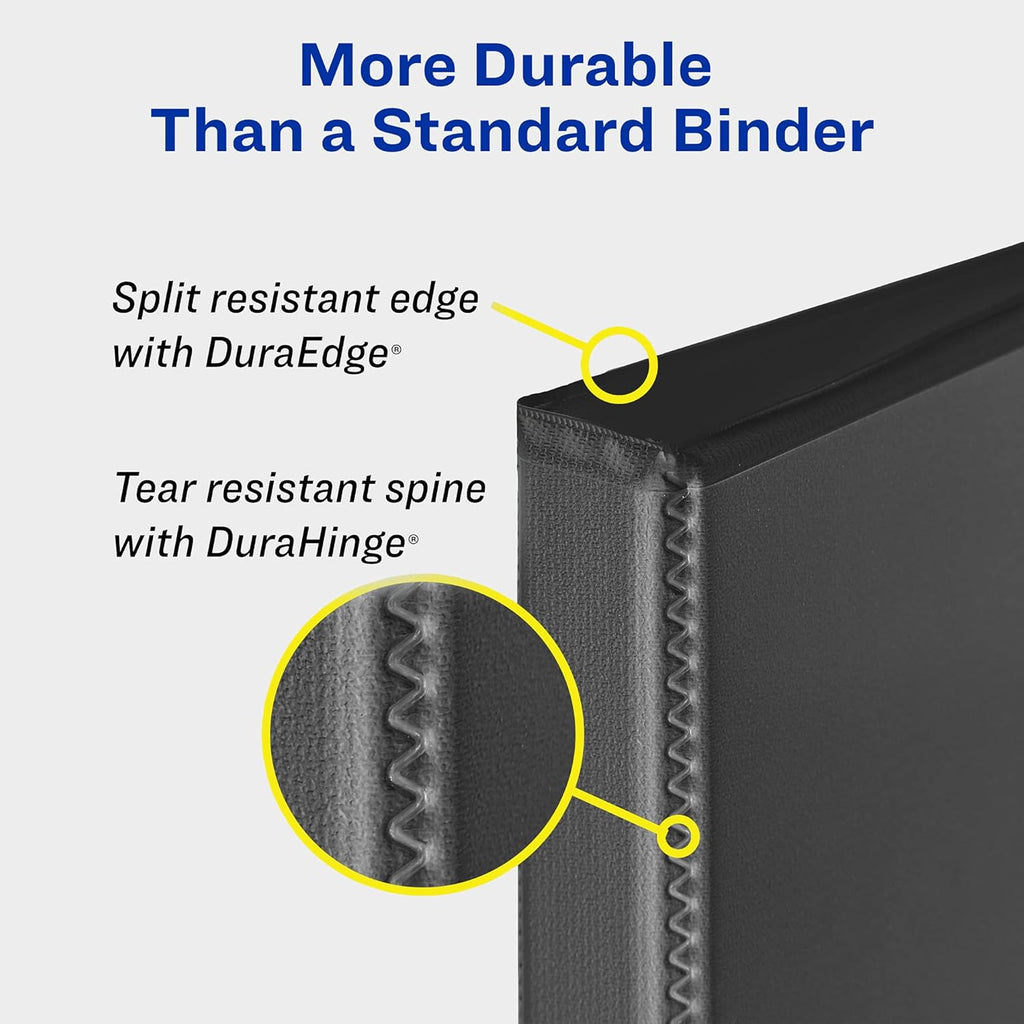 Avery® Durable View 3 Ring Binder, 1" EZD® Rings, 1 Black Binder | For Daily School, Home and Office Use, DuraHinge Tear-Resistant Spine, DuraEdge Split-Resistant Sides, Clear Overlays