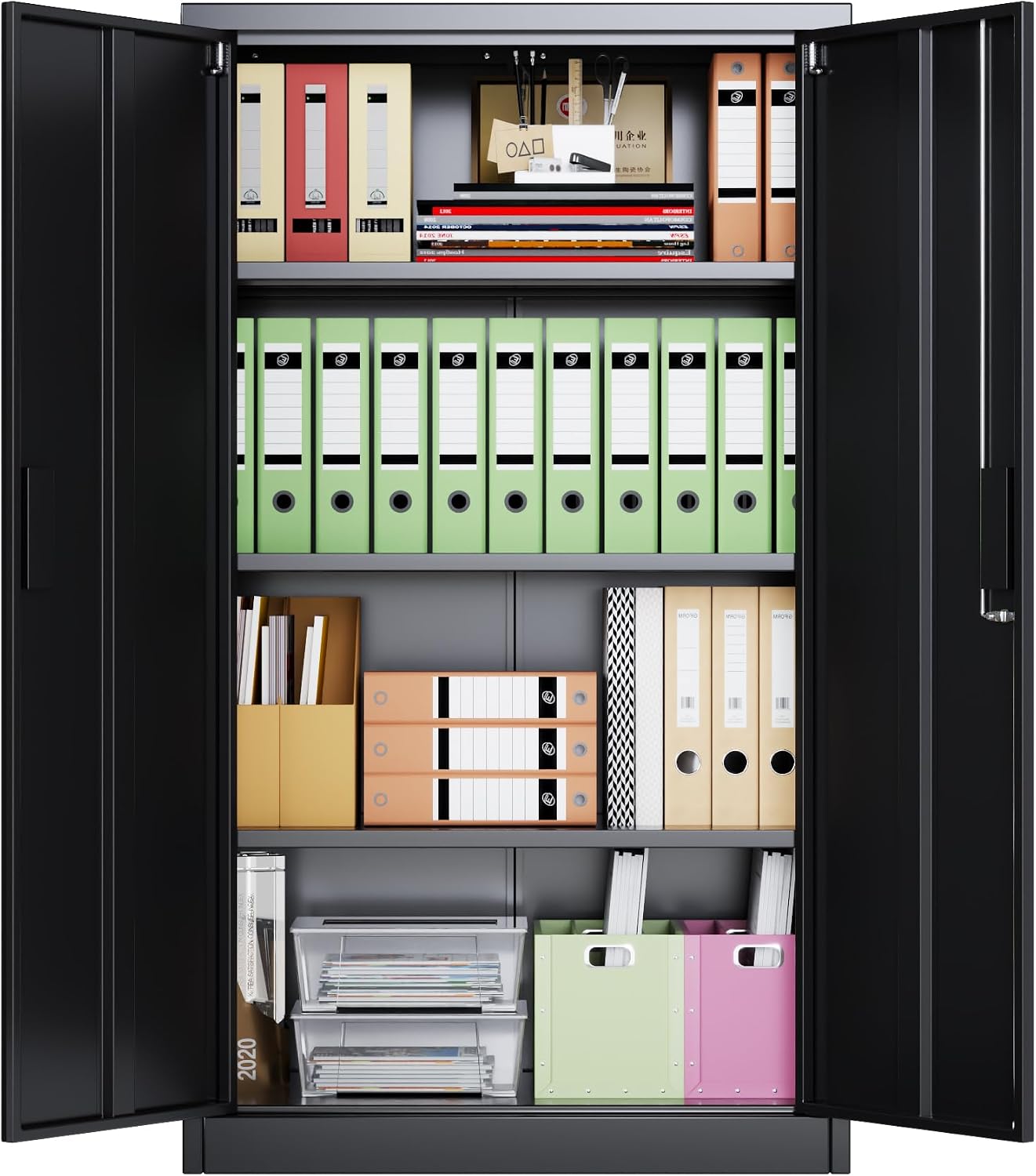 55-Inch Lockable Metal Storage Cabinet with 3 Shelves, Black | 15.75"D x 31.50"W x 55.12"H; 3 adjustable shelves, 120 lb each; lock with 2 keys; assembly required.