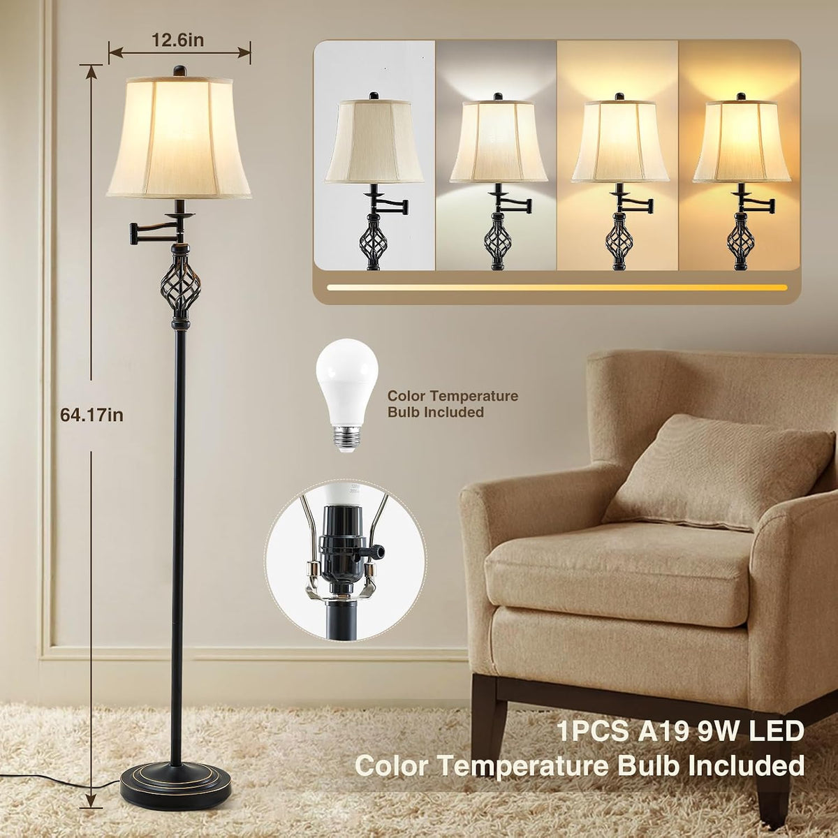 GyroVu Color Temperature Adjustable Floor lamp, Traditional 350° Adjustable S...