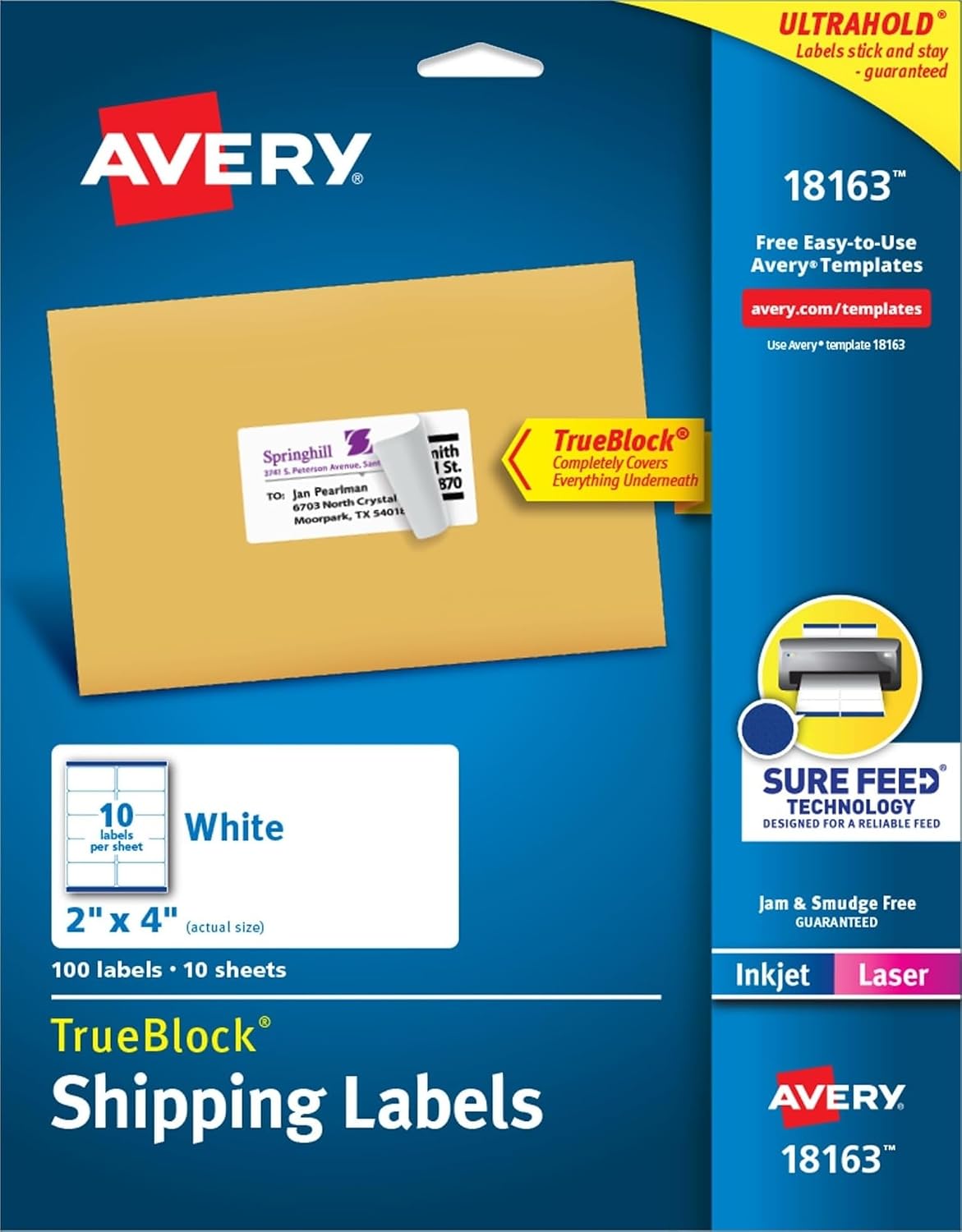 Avery Printable Shipping Labels with Sure Feed, 2" x 4" Customizable Stickers, White, 100 Blank Mailing Labels, Great for Mailing, Shipping, and More (18163)