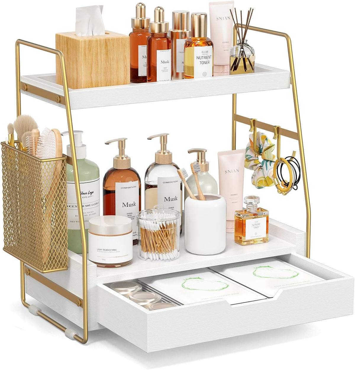 2-Tier Bathroom Counter Organizer with Drawer, Wood Counter Storage Shelf