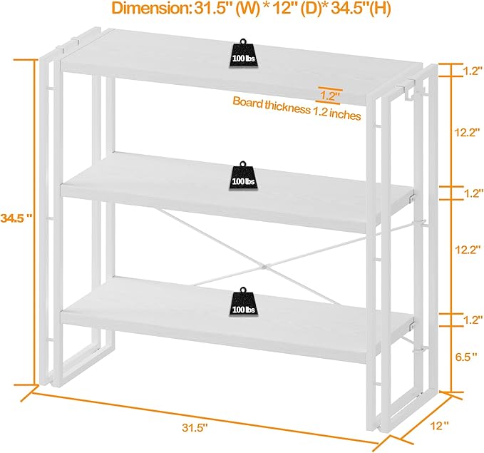 HCHQHS Bookshelf, 3-Tier Industrial Bookcase, Freestanding Horizontal - Image 3