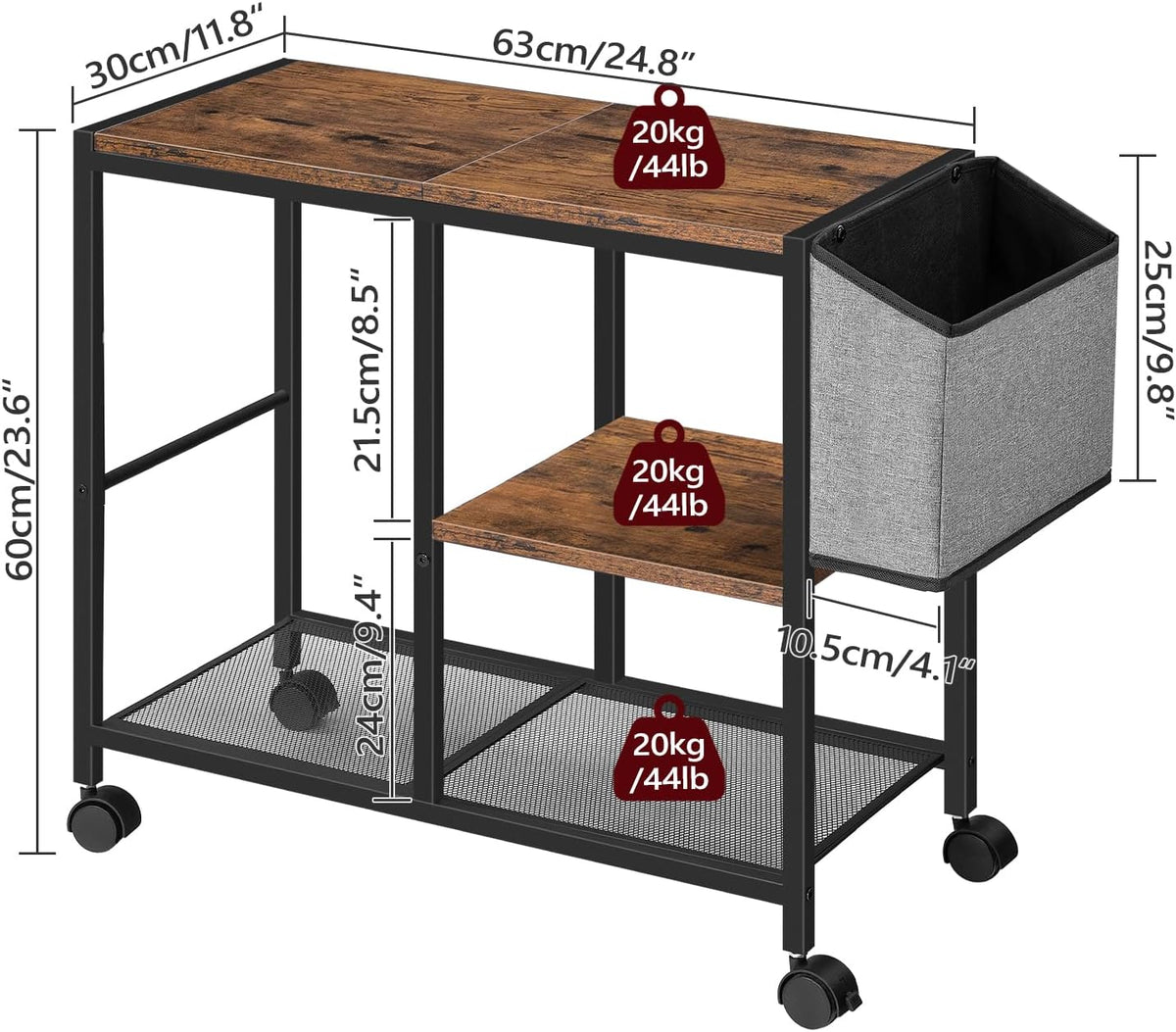 MAHANCRIS Printer Stand with Storage Bag, 3-Tier Mobile Under Desk Printer Ca...