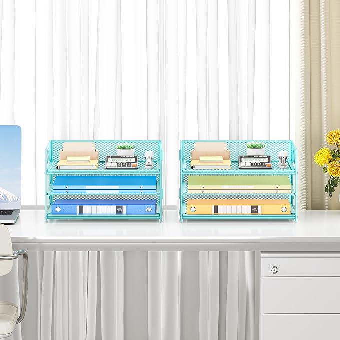 Subekyu 2-Pack 3-Tier Blue Metal Mesh Desk Paper Letter Tray & File Sorter - Image 6