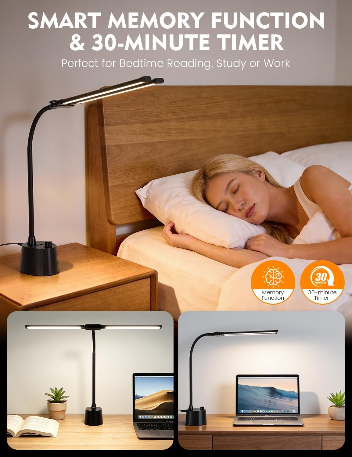 Desk Lamp with USB Charging Ports, Dual Head Adjustable 5 Color Dimmable
