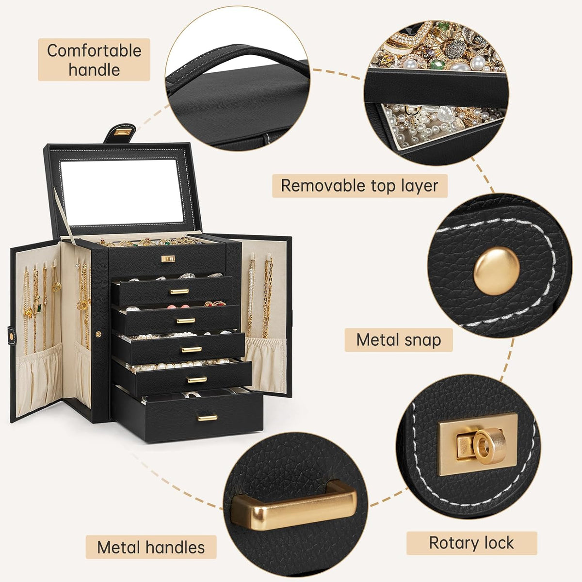 AKOZLIN 6-Tier Jewelry Box Organizer 5 Drawers Storage Medium Black