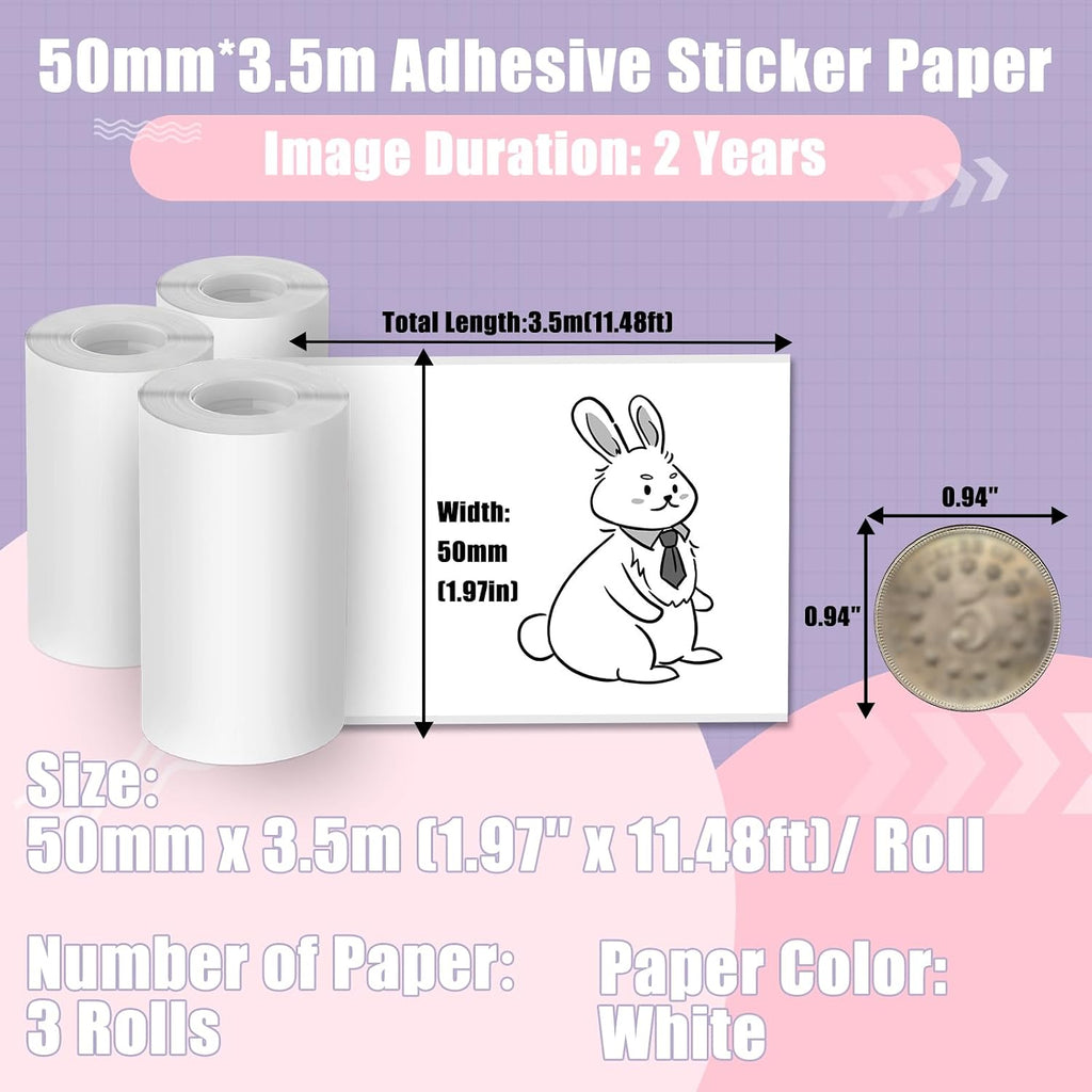 Thermal Sticker Paper Compatible with Phomemo Printer Paper M02/M02 Pro/M02S/P2S/M03/M04S/T02 Mini Sticker Printer- 50mm x 3.5m, 3 Rolls White 2-Year Adhesive Label for Photo,Image,Texts,Notes