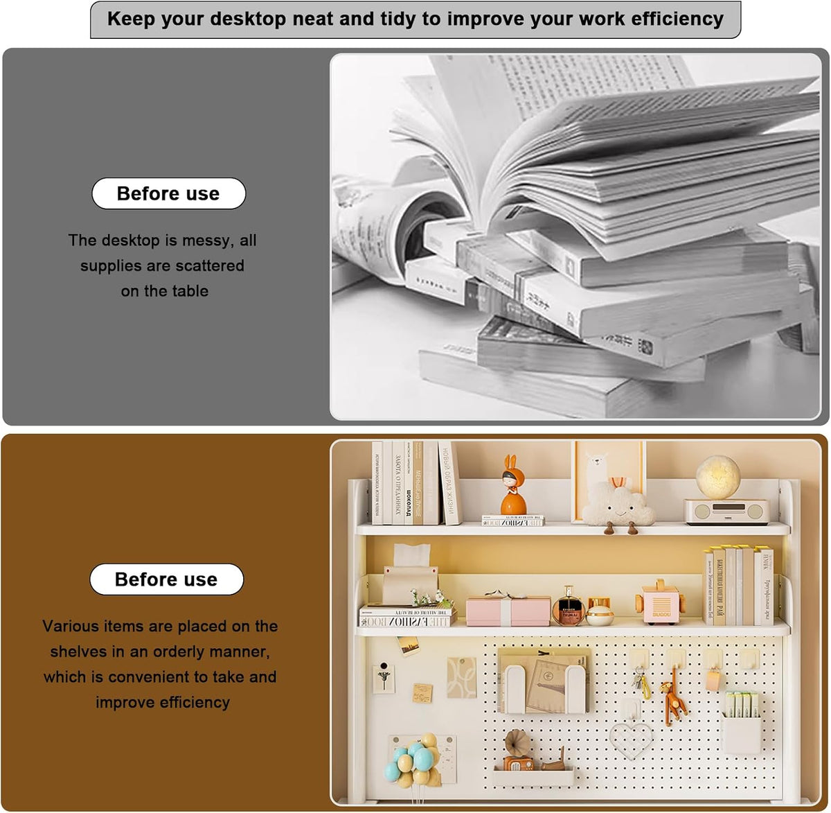 31.4in Clamp on Desk Shelf with Pegboard, White Desktop Bookshelf Organizer
