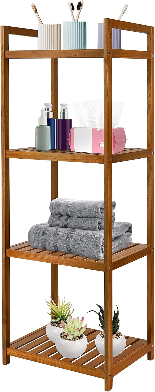Utoplike Teak Wood Bathroom Shelf Organizer Stand, Standing Shower Caddy