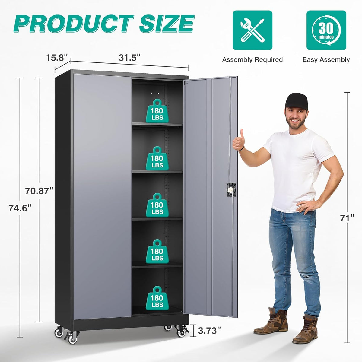sisesol 75" tall metal storage cabinet with wheels,rolling shown in use