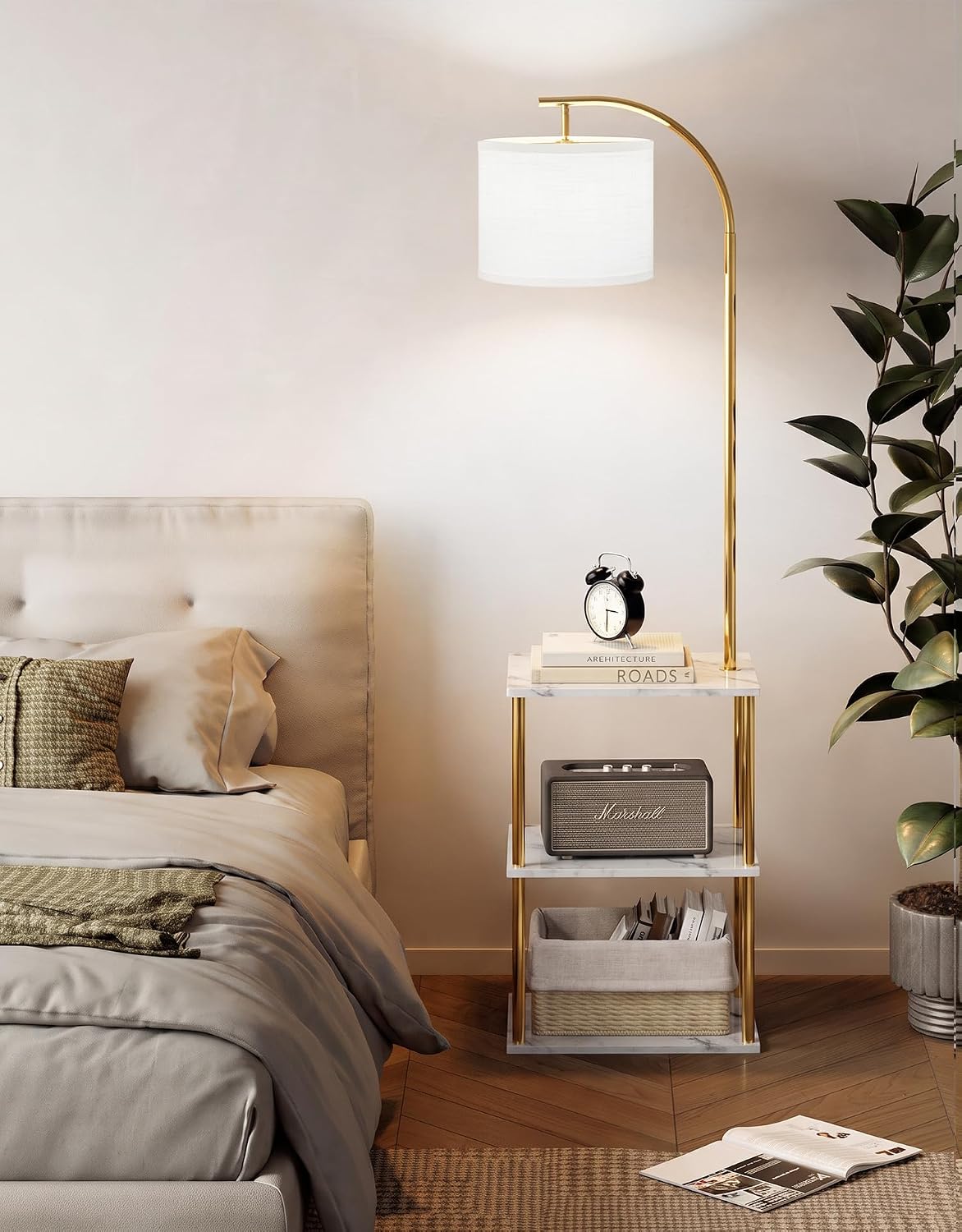PARTPHONER Floor Lamp with Table, Night Stand with Lamp, Narrow Side Table wi...
