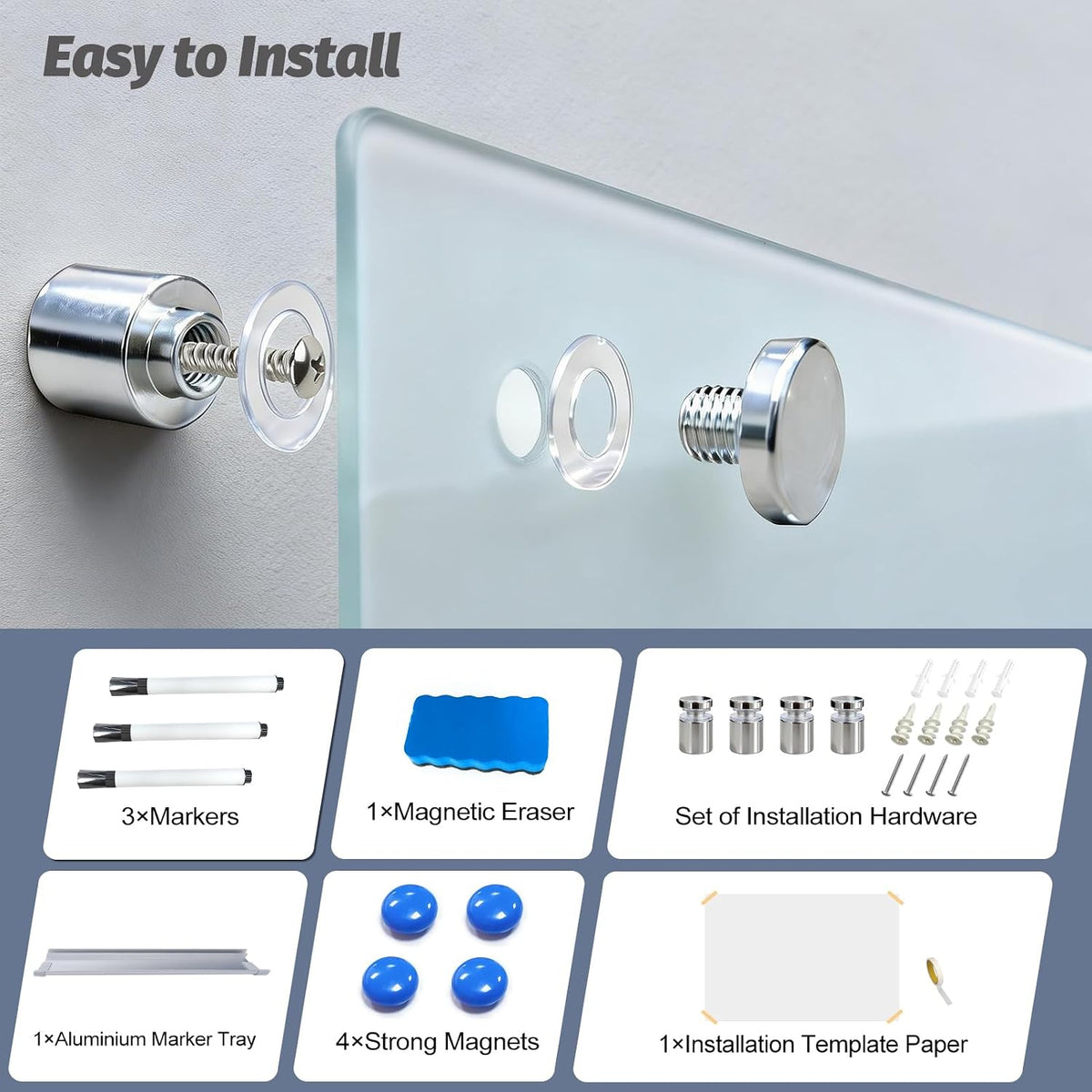 Magnetic Glass Dry Erase Board, 48 x 36 Inch, Frameless Wall Mount