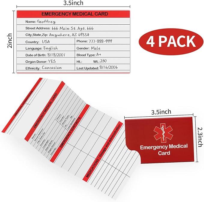 4 Pack Emergency Medical Information Id Card Red Medical Condition and - Image 2