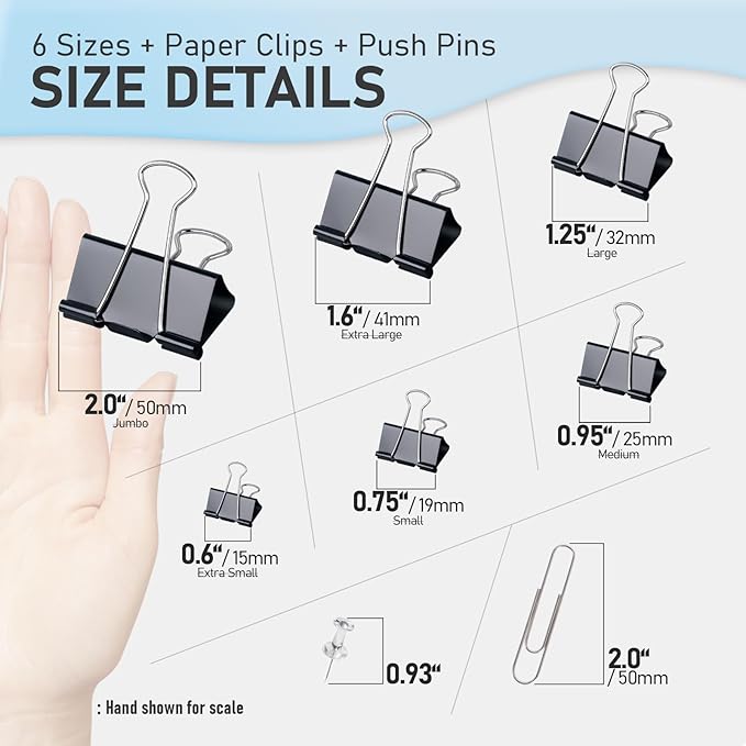 WORPSON 408 PCS Binder Clips Paper Clamps Assorted Sizes and Push Pins - Image 8