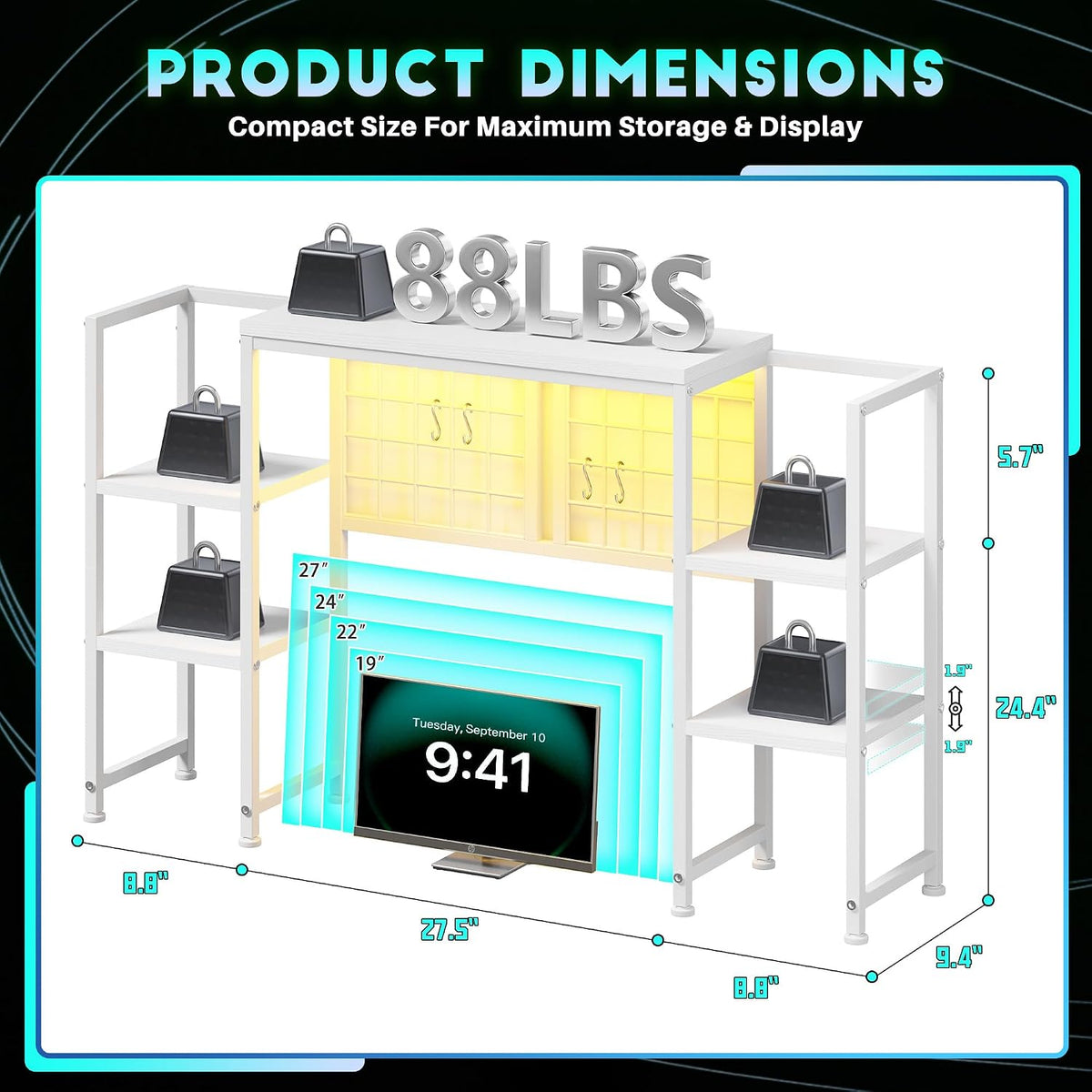 REIBII 5-Tier Desk Shelf with LED for Home Office Dorm, White