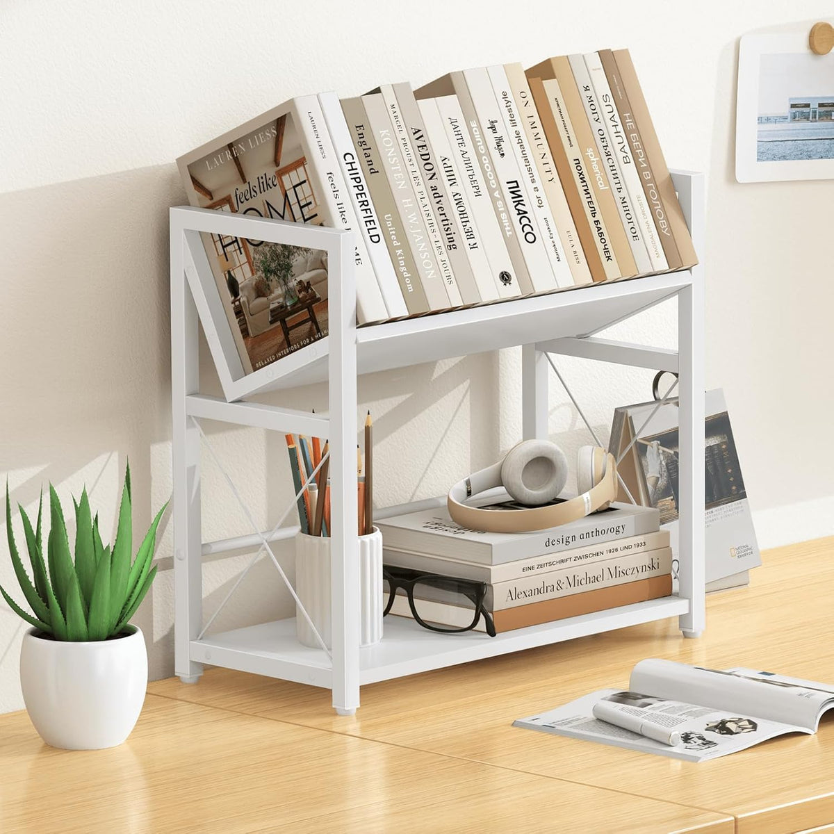 ELITEROO Desktop Bookshelf Organizer, 2 Tier Wood Desk Shelf for Tabletop Sto...