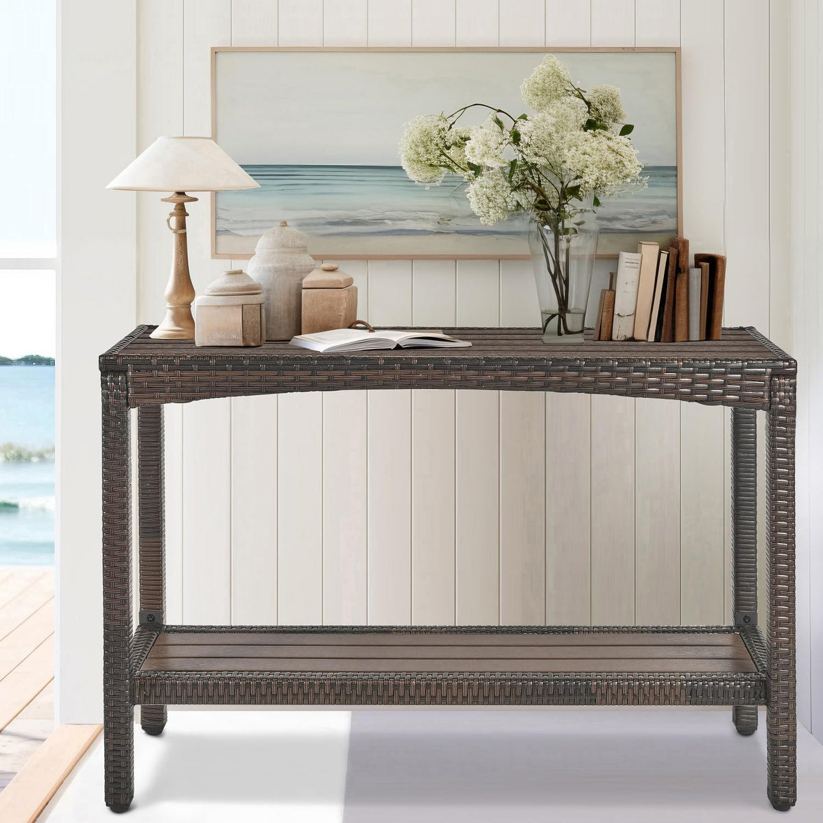 Outdoor Console Table Patio Buffet Bar Storage Organizer 45" Long Wicker...