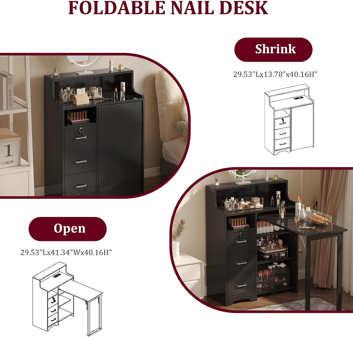 Foldable Nail Desk for Nail Tech, Portable Manicure Table, L Shape Nail Table...