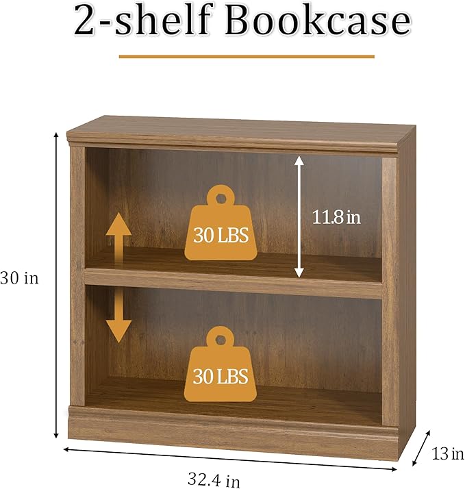 blini 2-Shelf Bookcase Wooden Bookshelves 33in Wide Floor Standing Display - Image 2