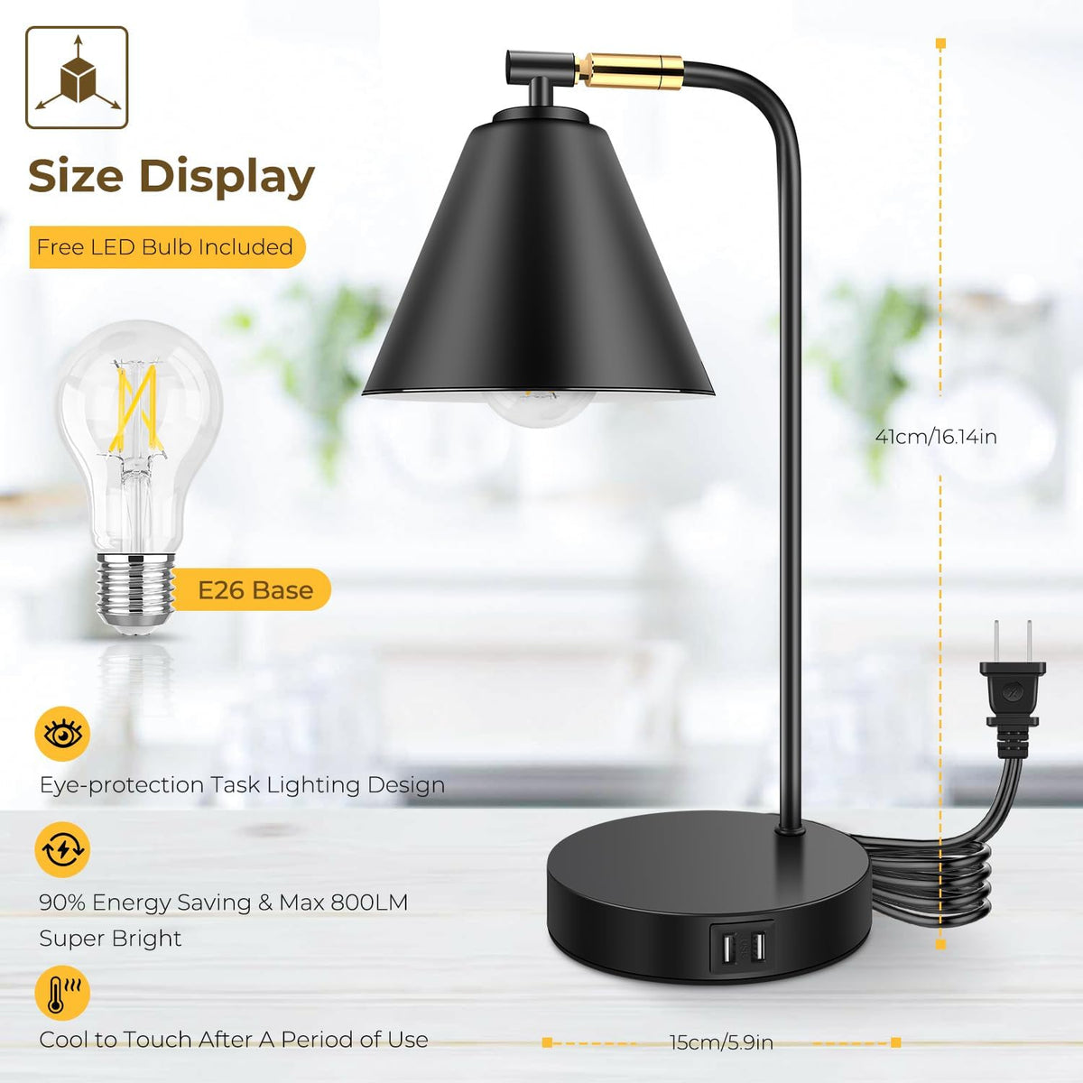 Industrial Dimmable Desk Lamp with 2 USB Charging Ports AC Outlet, Touch Cont...