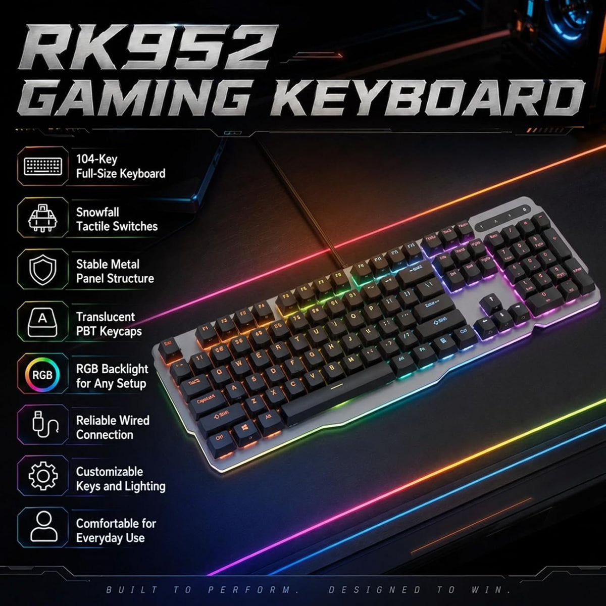 RK952 Wired Mechanical Gaming Keyboard, Full-Size 104 Keys, Aluminum Plate
